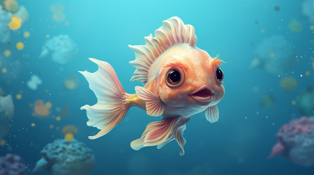 a goldfish swimming underwater is captured in this screenshot, showcasing a unique caricature-like illustration style. created using zbrush, the image features a combination of light pink and light gold tones. the detailed portraiture is enhanced by heavy shading, resulting in a punctuated caricature effect. the realistic seascapes add depth to the overall composition. ai generatedの素材