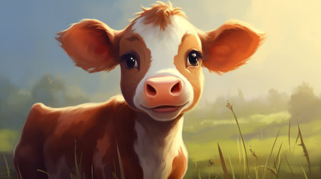 a cow with big ears stands in the sun, portrayed in a speedpainting style with xbox 360 graphics. the artwork showcases the beauty of the cow with cute cartoonish designs and hyper-realistic details. the color palette consists of light white and dark orange, creating a charming and visually appealing illustration. ai generatedの素材