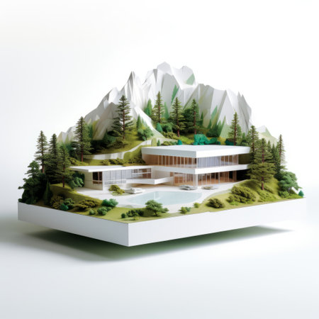 a model house, designed by james paick, seamlessly integrated into a picturesque mountain range. this modernist-inspired illustration showcases a striking combination of white and green hues. the highly detailed foliage adds depth to the flat compositions, while the transparency and lightness of the design create a bold and angular aesthetic. ai generatedの素材