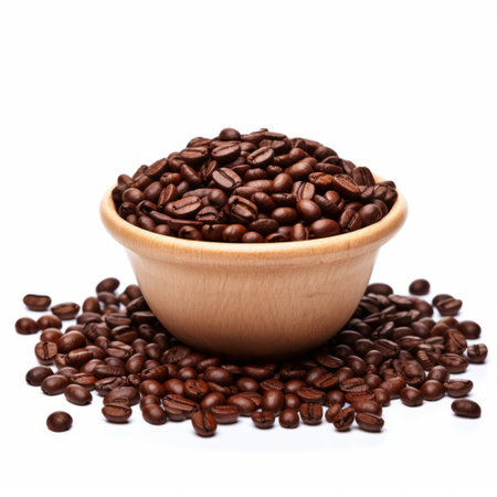 coffee beans in a wooden bowl, showcased against a white background, exude a captivating blend of artistry and sophistication. this visually striking image incorporates elements of seth macfarlane's style, derppunk's aesthetic, and tenebrism effects, resulting in a unique composition. emek golan's influence adds depth, while the warmcore tones and rosa bonheur's touch infuse warmth and richness into the overall visual experience. ai generatedの素材
