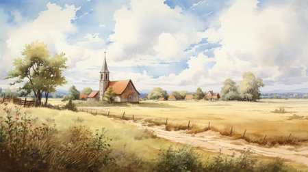 an old church, reminiscent of anime art, stands gracefully in a picturesque field. the panorama captures the essence of aquarellist techniques, showcasing highly detailed environments. the ps1 graphics add a unique touch to the french landscape, while the realistic color schemes bring the scene to life. ai generatedの素材