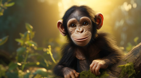 a chimpanzee is depicted in this high-definition desktop wallpaper. the image showcases a unique style of vray tracing, with caricature-like illustrations. created using digital art techniques and captured with a canon eos 5d mark iv, the artwork combines elements of realism with fantasy. the overall effect is cute, dreamy, and enhanced by the use of volumetric lighting. ai generatedの素材