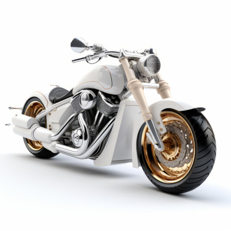 a chrome motorcycle with a white and dark skin is captured in this matte photo. the motorcycle features a chrome rim and is styled in light gold and white. this associated press photo showcases a strong sense of realism with its harsh realism and yankeecore aesthetic. tumblewave influences can also be seen in the composition. ai generatedの素材
