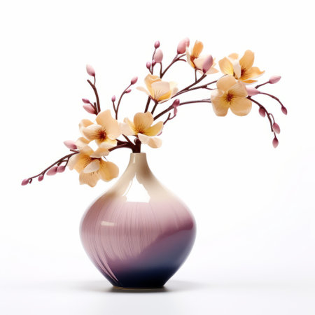 a vase filled with a vibrant arrangement of orange, pink, and purple flowers, showcasing the essence of oriental minimalism. the sepia tone adds a touch of nostalgia to the 8k resolution image. the cherry blossoms, complemented by the blue and white glaze, stand out against the white background. the overall color palette includes light yellow and purple hues. ai generatedの素材