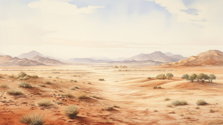a landscape in the desert featuring majestic mountains and scattered trees in the background. this artwork showcases delicately rendered landscapes with atmospheric color washes. the image has a resolution of 3840x2160 and is inspired by the artistic style of dansaekhwa. it incorporates historical imagery and spatial environments, reminiscent of the work of land artists. ai generatedの素材