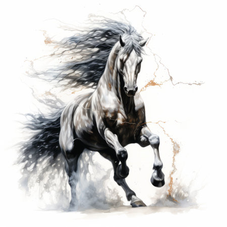 the wild gray mare captivates with its abstract illusionism style, showcasing liquid metal hues and realistic watercolors. the dark white and beige tones add depth to the elegant inking techniques used in this artwork. the dynamic energy flow is beautifully captured, enhancing the detailed character illustrations. ai generatedの素材