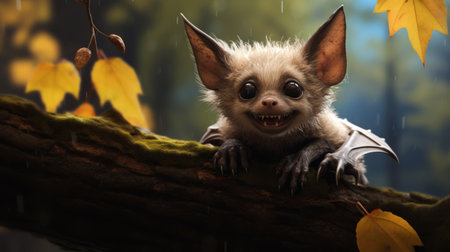 a small bat perched on a colorful tree is depicted in this zbrush-style image. the characterful animal portrait showcases realistic lighting, with a touch of playfulness in the design. this 32k uhd image captures the soggy atmosphere, while highlighting the intricate details of the bat's realistic features. ai generatedの素材