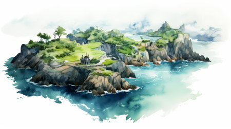 the islands of legends for xbox 360 showcases stunning watercolor landscapes inspired by the art style of hideyuki kikuchi. this uhd image features precise and detailed architecture paintings, created by the talented artists joong keun lee and emilia wilk. immerse yourself in the enchanting world of cottagepunk with this captivating gaming experience. ai generatedの素材