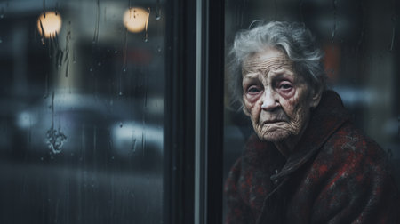 an old woman, captured in a haunting image, stands in the rain outside a store. this photo, reminiscent of the humanistic empathy and city portraits of the pictures generation, showcases detailed facial features. the dark amber and gray tones, combined with photo-realistic techniques, add depth and intensity to the composition. ai generatedの素材