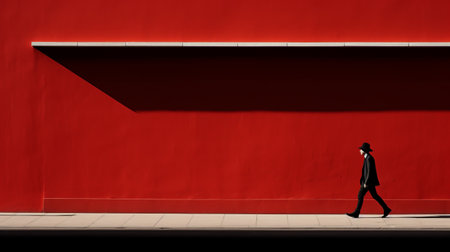 a man walks on a red wall, showcasing the minimalistic abstraction style of the dusseldorf school of photography. this captivating photo on flickr captures the essence of orderly symmetry and dynamic still lifes. the matte finish adds depth, while the play of light and shade creates a mesmerizing visual effect. ai generatedの素材