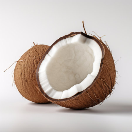 two black and white coconut pieces are showcased on a white background, featuring a vray tracing style. the colorization adds a unique touch to the scoutcore design, with a combination of light white and brown tones. the image has a crisp and clean look, enhanced by minimal retouching, giving it a distinct duckcore aesthetic. ai generatedの素材