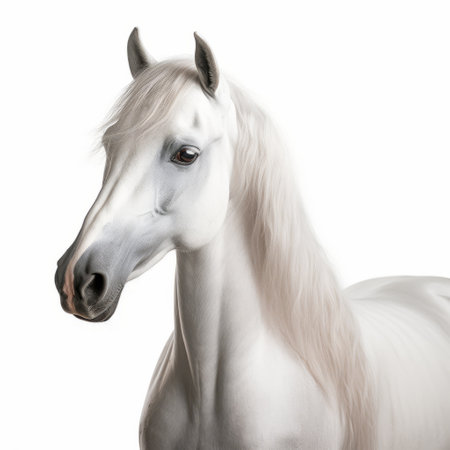 a close-up, digitally enhanced hd wallpaper featuring a white horse against a white background. this artwork, in the style of patricia piccinini, incorporates orientalist imagery and showcases the intense and captivating details. created by the talented artist john wilhelm, the transparent/translucent medium adds an intriguing element to this mesmerizing piece. ai generatedの素材