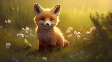 a little red fox, inspired by the artistic styles of raphael lacoste, kevin hill, and ivanovich pimenov, sits gracefully in a grassy field adorned with colorful flowers. this adorable and realistic animal portrait captures the essence of cute cartoonish designs and childlike illustrations, while also showcasing the beauty of nature. with rtx on, the details of this enchanting scene come to life. ai generatedの素材