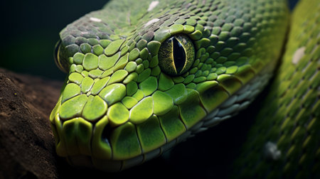 a captivating photo of a green snake face, with photorealistic detailing, looking down. the image showcases the mesmerizing visual storytelling of magewave, enhanced by the stunning effects of rtx on. the cobra's intense gaze is beautifully captured, highlighting the intricate patterns and textures of its skin. shot on ferrania p30 film, this eye-catching photo is sure to leave a lasting impression. ai generatedの素材