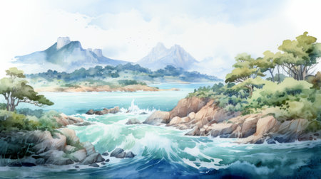 a watercolor painting depicting majestic mountains, lush trees, and serene water, inspired by seaside scenes and rendered in a vibrant manga style. this uhd image showcases the beauty of ocean academia and captures the essence of lively coastal landscapes. ai generatedの素材