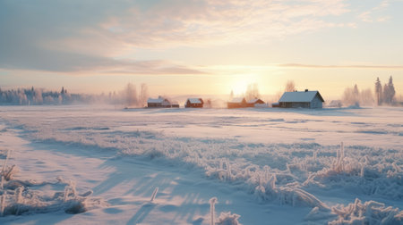 a winter countryside scene featuring numerous houses and trees, captured in a soft focus and ethereal light reminiscent of romantic aesthetics. this 8k photograph showcases the stark simplicity of the soviet-style architecture against the backdrop of rural life. the golden light adds a touch of warmth and tranquility to the 32k uhd image. ai generatedの素材