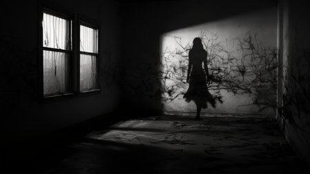 a dark figure stands in an empty room, surrounded by twisted branches and eerie shadows. the photo, taken with a nikon d750 and tokina at-x 11-16mm f/2.8 pro dx ii lens, captures a fragmented memory with frayed and flowing silhouettes. the solarization effect adds to the haunting atmosphere of the image. ai generatedの素材