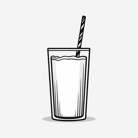 a black and white illustration of a glass with a straw and an ice cube, featuring clean and simple designs. the full body of the glass is captured through a long lens, creating a simple yet captivating image. the style of the illustration is colorful and reminiscent of caffenol developing, with a chalky and algeapunk aesthetic. ai generatedの素材