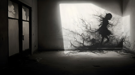 a hauntingly captivating digital artwork by arnaud simontdamas, featuring a haunted house. this piece showcases the artist's signature style of strong contrast between light and dark, with flowing brushwork and twisted branches. the conceptual nature of the art is enhanced by the presence of god rays and the juxtaposition of light and shadow against a white background. ai generatedの素材