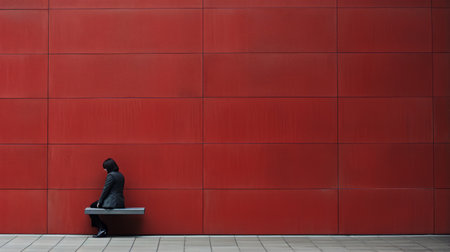 a man in silhouette leans against a vibrant red wall, capturing the essence of the dusseldorf school of photography. this high-definition image, found on flickr, showcases the influence of harry bertoia, japanese minimalism, and contemporary color fields. the scene evokes a sense of public interventions, merging various artistic elements into a visually striking composition. ai generatedの素材