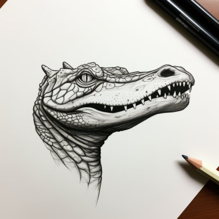 an alligator head sketch sits atop a piece of paper, showcasing a hyper-realistic style of animal illustration. the meticulous design features a captivating character with multidimensional shading, created using pencil art techniques. the dark and white tones add to the charm of this detailed illustration. ai generatedの素材