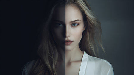 a photoshop template designed for beauty and portrait photography, featuring contrasting light and dark tones, close-up intensity, split toning, dark white and dark black effects. the template also includes selective focus, luminous shadowing, and self-similarity, creating a visually captivating and professional look for your photographs. ai generatedの素材