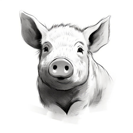 a black and white digital painting of a pig, captured with a nikon d850 camera. the detailed character expressions showcase light pink and light gray tones, while the clean and sharp inking adds depth to the image. the pig's features are exaggerated, creating character caricatures in the style of minolta riva mini. ai generatedの素材