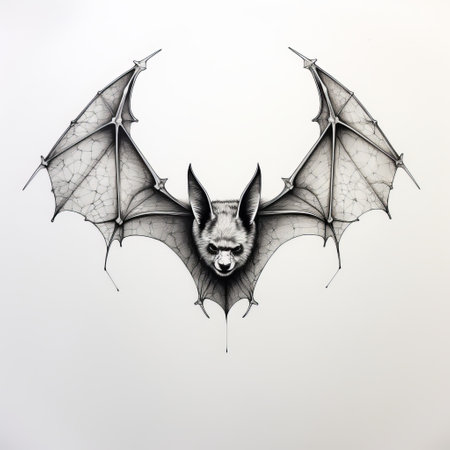 a black ink illustration of a bat, created with detailed atmospheric portraits in mind. the bat is made of wire and spray painted to achieve a realistic effect. the artwork showcases symmetrical asymmetry against a white background, with a touch of redshift. the final piece is printed using holotone printing technique. ai generatedの素材