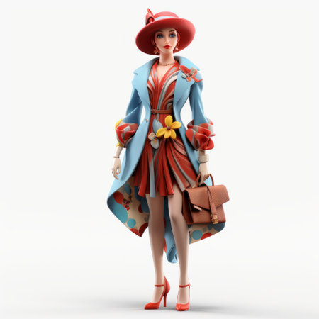 a 3d image featuring a woman wearing an elegant red coat and carrying a matching red pocket book. the image showcases detailed character design with a playful twist, incorporating rococo pastel colors. the woman's attire reflects traditional vietnamese fashion, while the overall style of the image resembles a maquette. the vibrant orange and azure hues add a touch of vibrancy to the scene. ai generatedの素材