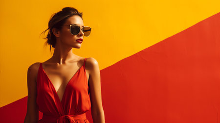 a lady wearing a red dress and sunglasses stands confidently in front of a vibrant, colorful wall. the wall is adorned with shades of dark yellow and light amber, creating a striking backdrop. this beach portrait captures the beauty of the woman, with smooth lines and an understated sophistication. the image exudes a sense of multi-layered depth and warmth, reminiscent of a heatwave. ai generatedの素材