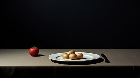 the table, kitchen counter, and chairs in this photo are all black, creating a surreal still life composition. the image, inspired by the works of arnoldo pomodoro, features minimal retouching and showcases luminous spheres. the fine art photography captures a unique combination of dark beige and red, resulting in an innovative composition. ai generatedの素材