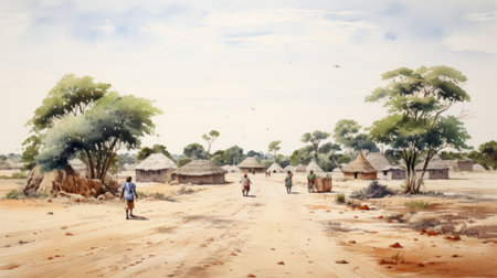 a group of individuals standing amidst rustic farm shacks, depicted in a realistic watercolor style reminiscent of traditional arts from africa, oceania, and the americas. the image showcases the desolate landscapes of the barbizon school, rendered with stunning perspective and enhanced by the intricate technique of kintsukuroi. this 8k photograph captures the essence of these diverse artistic influences in a captivating manner. ai generatedの素材