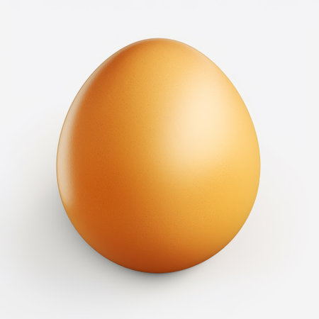 an orange egg model is displayed on a white background, featuring a realistic hyper-detailed rendering. the minimalist background enhances the light gold color of the egg, creating a visually appealing contrast. with its rounded shape and high tonal range, this egg model showcases a unique duckcore aesthetic, complemented by a subtle color gradient. ai generatedの素材