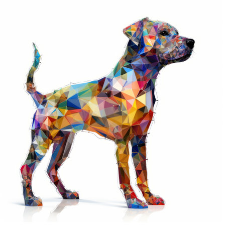 a triangular dog stands on a white backdrop, showcasing a colorful collage style. the high level of detail highlights the intricate human connections within the artwork. vibrant use of light and shadow adds depth to the piece, while the distinctive character design captures attention. the layered mesh and focus stacking techniques enhance the overall composition. ai generatedの素材