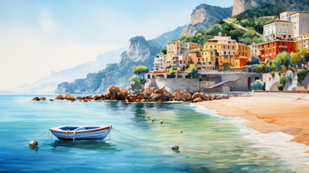 a watercolor painting of a boat on the seashore in a charming italian town. this vibrant artwork captures the essence of the picturesque landscapes with its pixelated realism and high resolution. the multilayered brushstrokes create a captivating and lively scene, reminiscent of vibrant caricatures. ai generatedの素材