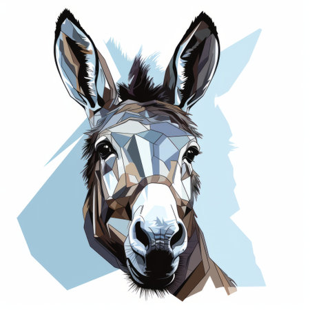 a geometrical horned donkey head, isolated on a white background, featuring emotive brushwork and multilayered collages. the illustration is done in a caricature-like style, with dark brown and light azure colors. the use of glass as a material adds a unique touch, while the striped painting and high-contrast shading create a visually striking image. ai generatedの素材