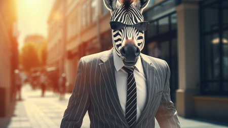 a zebra is captured in a photorealistic style, wearing a black and white suit with a tie, sunglasses, and polished shoes. with a walking position, it exudes a cute meets boss style, resembling an epic ceo. the image showcases depth of field, cinematic lighting, and is presented in ultra hd with 32k resolution. ai generatedの素材