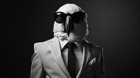 a parrot dressed in a black and white suit, complete with a tie, sunglasses, and polished shoes, exuding the aura of an epic ceo boss. this photorealistic image captures the parrot in a walking position, showcasing its cute-meets-boss style. the depth of field, cinematic lighting, and ultra hd quality of this 32k photo make it truly remarkable. ai generatedの素材