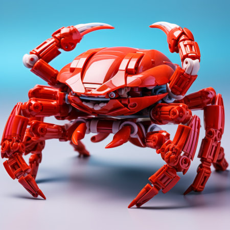 a red-colored robot with claws and a robot crab with big claws are depicted in this hyper-realistic photo. the image showcases the intricate details of the robots, captured using a canon 50mm f095 lens. the design of the robots is streamlined and bulbous, combining boldness with grace. the photo evokes a sense of ocean academia and incorporates the concept of kintsukuroi. ai generatedの素材