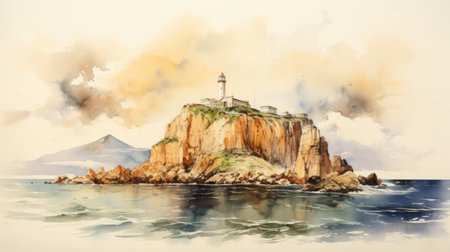 lighthouse light drawing on the ocean watercolor painting captures the essence of classical, historical genre scenes and italian landscapes. with its mountainous vistas and detailed world-building, this uhd image showcases a mesmerizing blend of light bronze and yellow hues. a stunning landscape that transports viewers to a serene coastal setting. ai generatedの素材