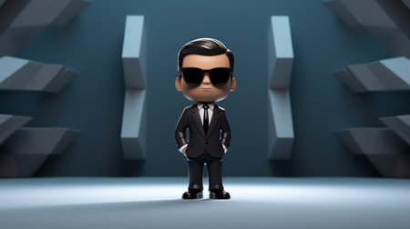 the cartoon character stands in an abstract background, featuring vray tracing with a dark black and silver color scheme. the design is reminiscent of american mid-century style, incorporating elements of toycore and wealthy portraiture. the scene captures snapshots of iconic hollywood stars, presented as adorable toy sculptures. ai generatedの素材