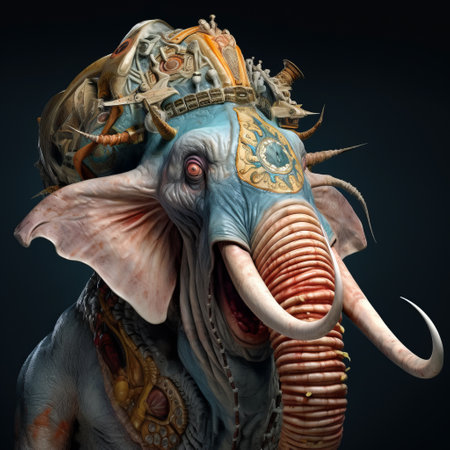 an otherworldly computer-generated artwork featuring a steampunk-inspired elephant adorned with horns. created in the style of zbrush, this piece showcases realistic usage of light and color, incorporating orientalist imagery. the artwork, rendered using cryengine, captivates with a mesmerizing combination of light blue and orange tones. explore a fantastical world filled with unique and imaginative creatures. ai generatedの素材
