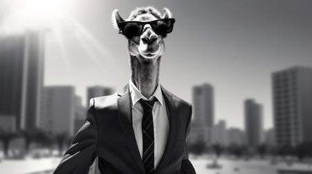 a camel dressed in a black and white suit, complete with a tie, sunglasses, and polished shoes. this photorealistic image captures the camel in a walking position, exuding a cute-meets-boss style. with a depth of field, cinematic lighting, and ultra hd quality, this 32k photo showcases the camel's epic ceo-like appearance. ai generatedの素材