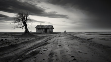 a black and white photograph of a house in the desert, capturing the mysterious and dreamlike essence of rural america. this uhd image, taken by the associated press, showcases the dark and foreboding colors of the suffolk coast views, creating a captivating coastal landscape. ai generatedの素材