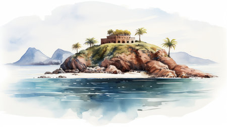 a vector illustration of an isolated white background with a sketch background of a painting. the painting depicts an island with palm trees, created in the style of tilt-shift lenses, emotional watercolors, and romanesque art. the inspiration for this artwork comes from joaquin sorolla's works, known for his fine and detailed brushwork. the painting also showcases a religious building amidst the mountainous vistas. ai generatedの素材