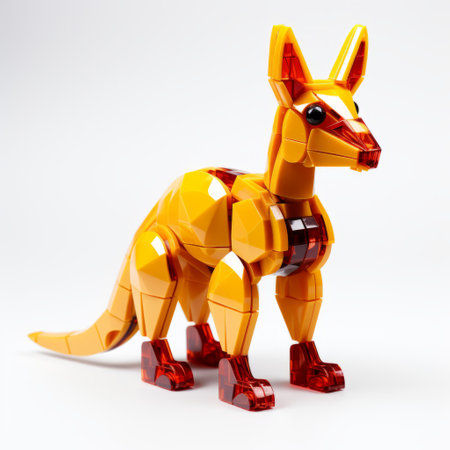 a colorful lego kangaroo, in the style of zbrush, is seen lying on a white table. the image showcases its light amber hue and intricate mechanized forms. captured with a 20-megapixel camera, the softbox lighting highlights the innovative techniques used to create this smooth and shiny masterpiece. ai generatedの素材