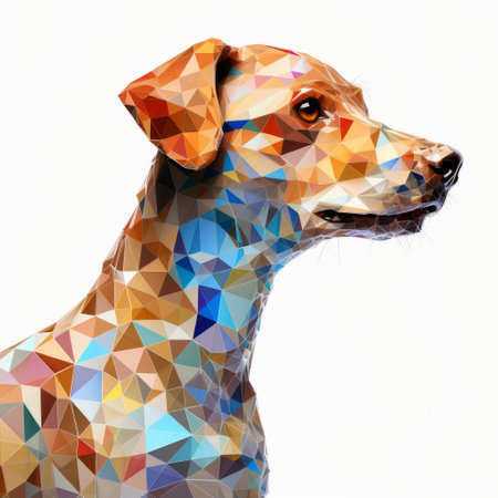 a dog with intricate triangular patterns on its face, showcasing a realistic usage of light and color. this abstract colorist sculptor piece features fragmented figures and intricate minimalism, creating a visually stunning artwork. the airbrush art technique adds depth and dimension to the recycled, highly detailed figures. ai generatedの素材
