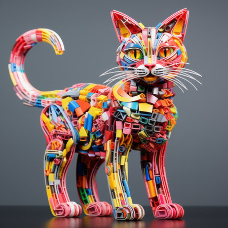 the cat sculpture, created using scrap paper pieces, showcases the intricate details and vibrant colors reminiscent of the highly detailed figures in the heidelberg school style. this unique artwork combines focus stacking techniques with twisted characters, resulting in a precisionist masterpiece made of plastic. ai generatedの素材