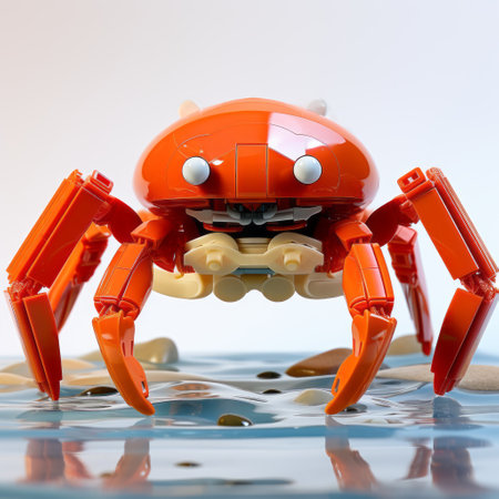 a red lego crab, with photorealistic detail, lies in the water. its playful character design showcases innovative techniques and organic fluidity. the crab's vibrant light orange color adds to its eye-catching appeal. captured with a wide-angle lens, this detailed character design brings a unique and captivating element to the lego world. ai generatedの素材