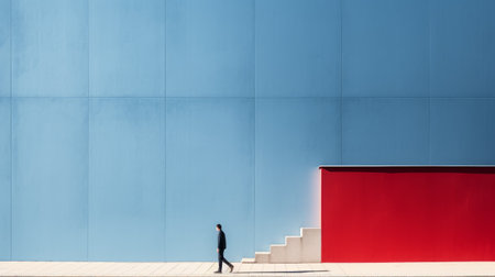 a minimalist graphic designer captured a thought-provoking image of a single step leading to a building, adorned with bold color blocks in light sky-blue and crimson. this contemplative photograph, taken with a contax g2, serves as a critique of consumer culture. the high-definition image showcases the artist's keen eye for composition and evokes a sense of quiet introspection. ai generatedの素材